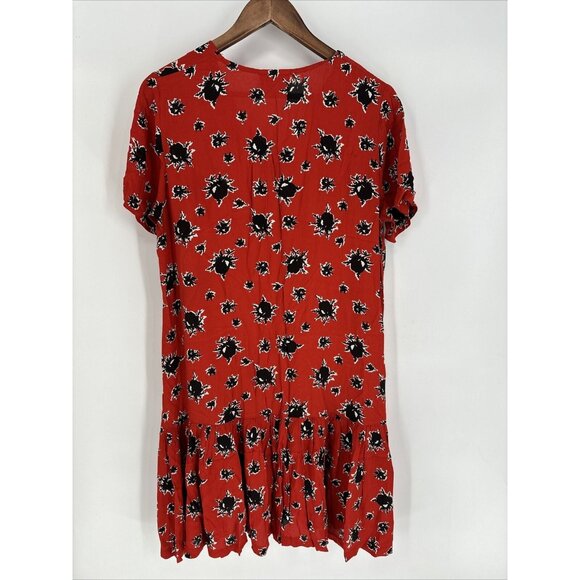GANNI Rosemary Coral Red Pleated Flowers Floral Tiered Ruffle Summer Dress Sz XS - Picture 2 of 16
